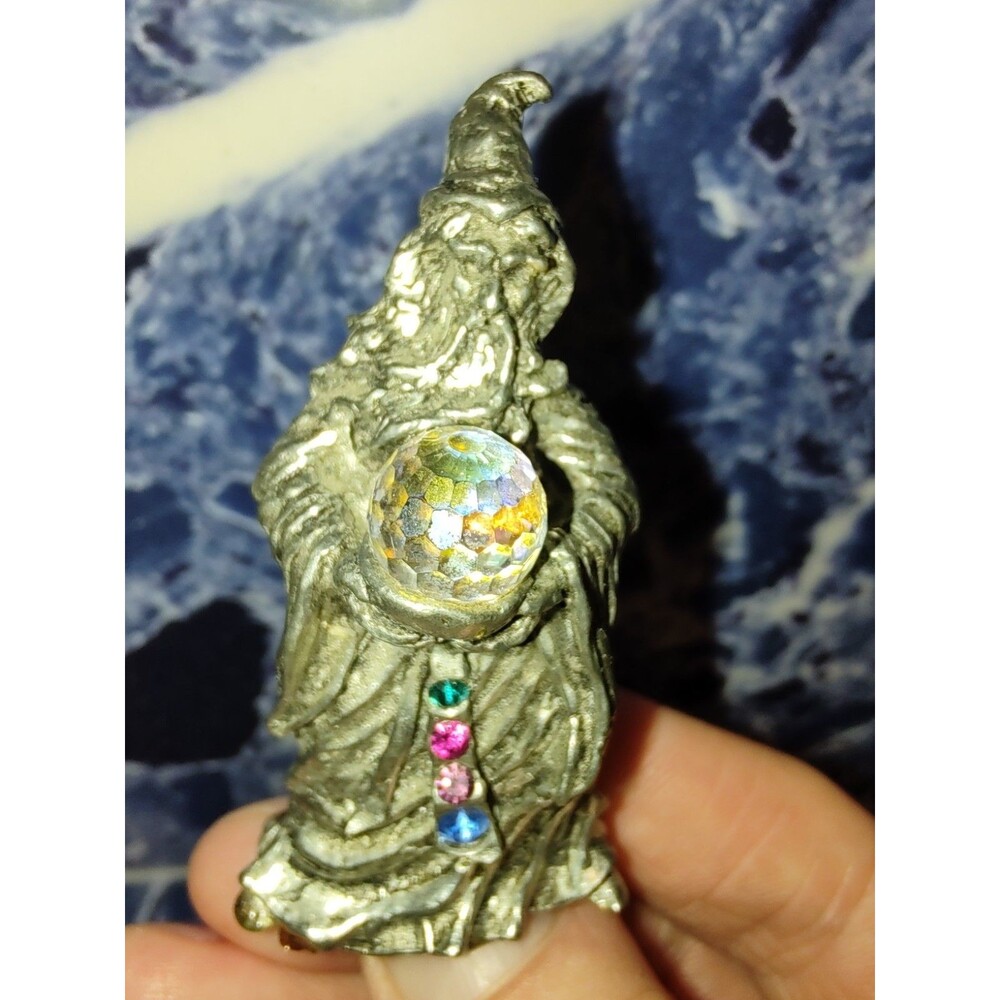 Comstock Jeweled Pewter Magical Wizard Statue Crystal Ball Miniature Figure 2.5"